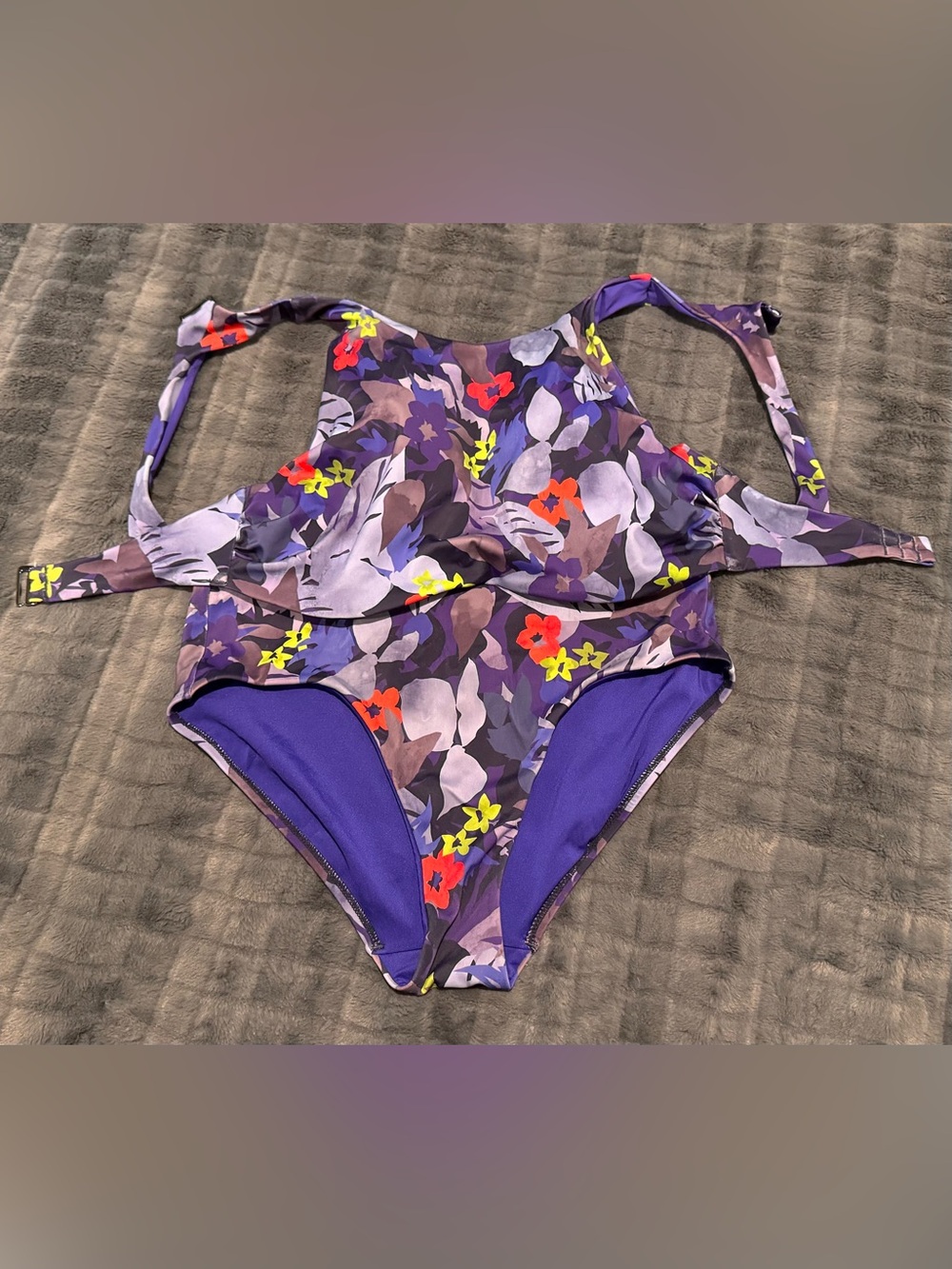 Athleta Purple Floral One-Piece Swimsuit with Neon Accents